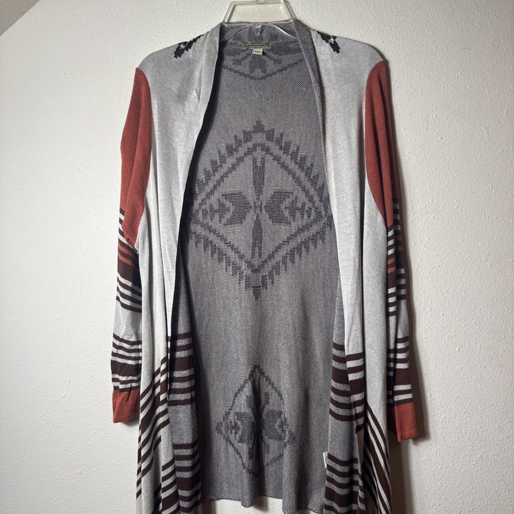 Le Energe 1X Southwestern Fringe Open Front Cardigan Duster Boho Rayon